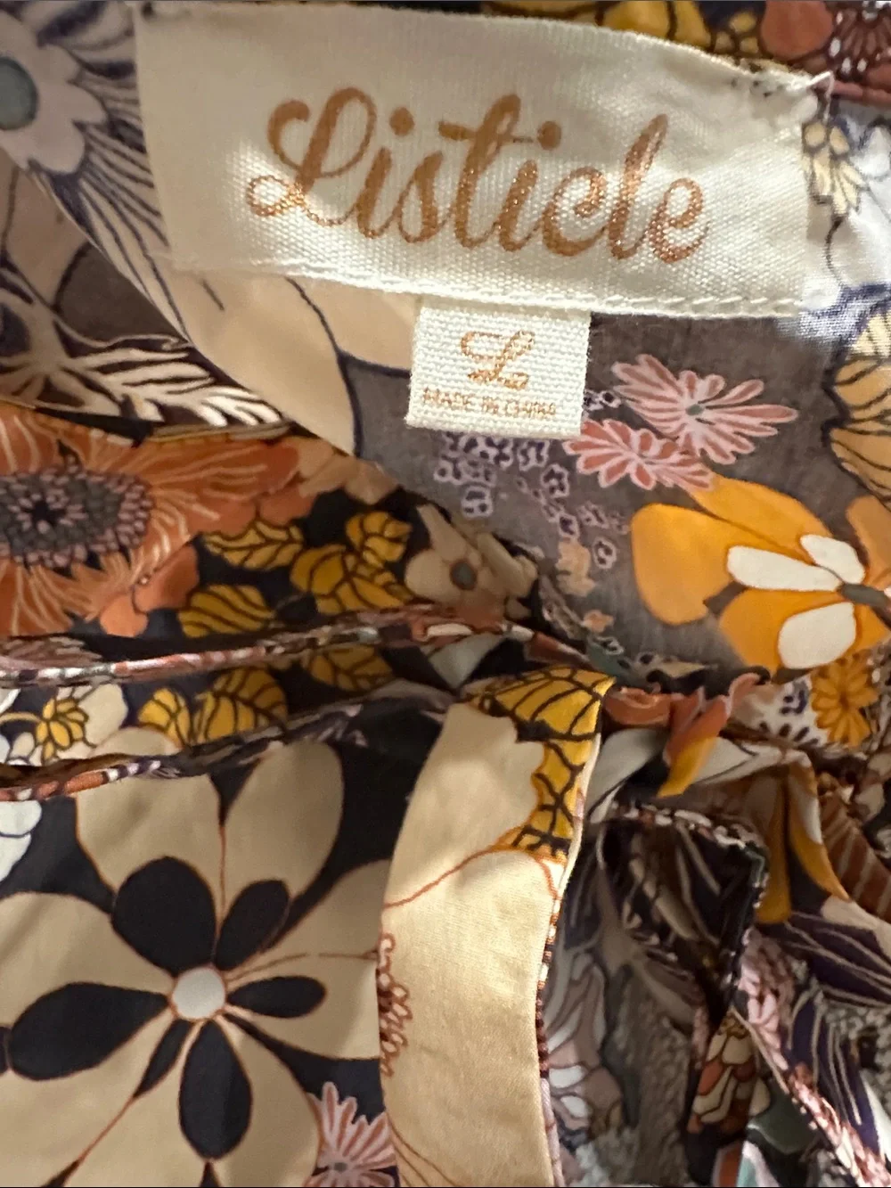 Listicle Bold Floral Tie-Front Babydoll balloon sleeve Top Charcoal Peplum Large - Picture 6 of 7